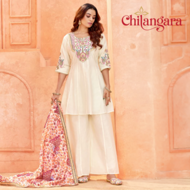 White 3-Piece Panel Cut Suit Set with Handwork & Floral Dupatta