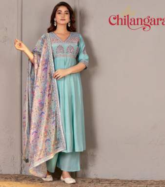 Pastel Sky Blue & Yellow 3-Piece Mul Chanderi Set