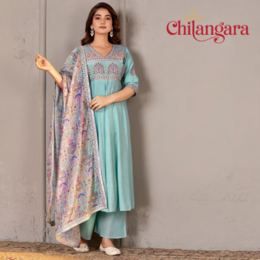 Pastel Sky Blue & Yellow 3-Piece Mul Chanderi Set