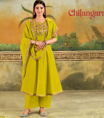 White & Olive Yellow Mul Chanderi 3-Piece Set