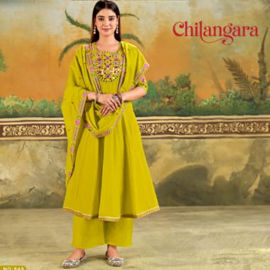 White & Olive Yellow Mul Chanderi 3-Piece Set