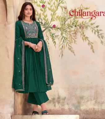 Emerald Green & Coffee Brown Mul Chanderi 3-Piece Set