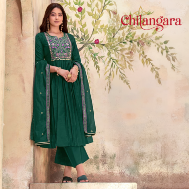 Emerald Green & Coffee Brown Mul Chanderi 3-Piece Set