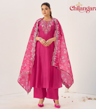 Shop this elegant purple and emerald green Anarkali set with embroidered yoke, handwork, and dupatta. Perfect festive wear in sizes M to XXL.