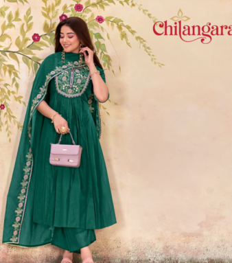 Shop this elegant purple and emerald green Anarkali set with embroidered yoke, handwork, and dupatta. Perfect festive wear in sizes M to XXL.