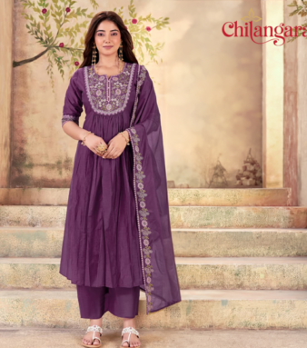 Shop this elegant purple and emerald green Anarkali set with embroidered yoke, handwork, and dupatta. Perfect festive wear in sizes M to XXL.