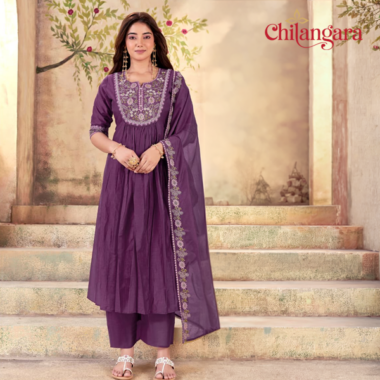 Shop this elegant purple and emerald green Anarkali set with embroidered yoke, handwork, and dupatta. Perfect festive wear in sizes M to XXL.