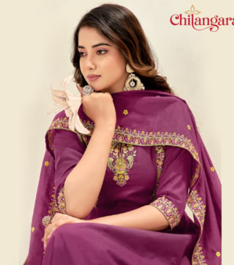 Parrot Green & Magenta Mul Chanderi 3-Piece Set with Anarkali Panel Cut Top