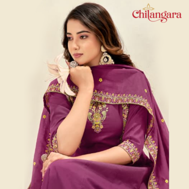 Parrot Green & Magenta Mul Chanderi 3-Piece Set with Anarkali Panel Cut Top