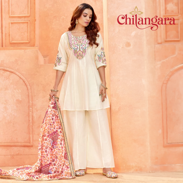 White 3-Piece Panel Cut Suit Set with Handwork & Floral Dupatta