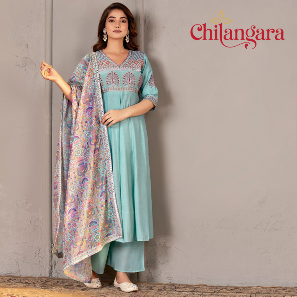 Pastel Sky Blue & Yellow 3-Piece Mul Chanderi Set