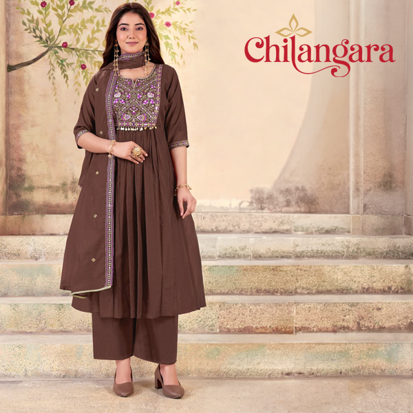 Emerald Green & Coffee Brown Mul Chanderi 3-Piece Set