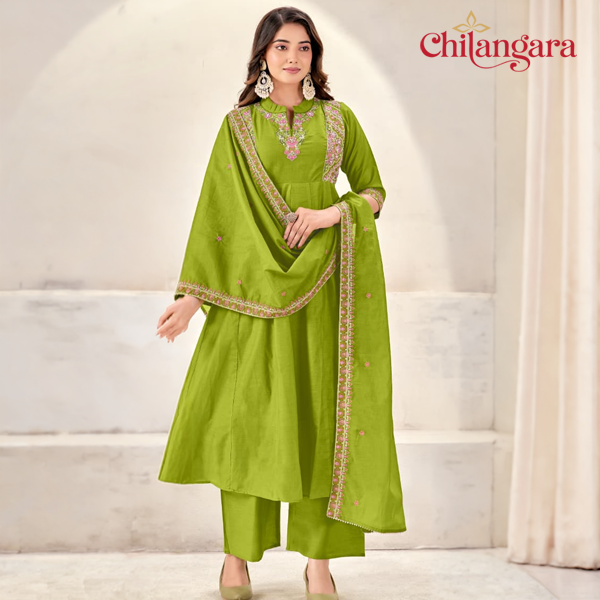 Parrot Green & Magenta Mul Chanderi 3-Piece Set with Anarkali Panel Cut Top