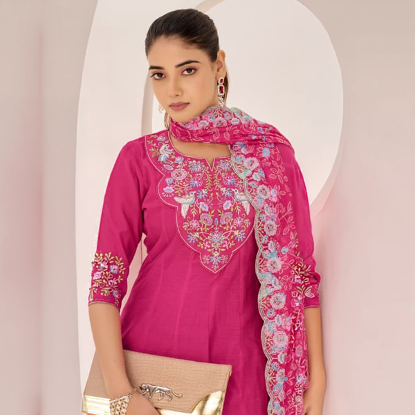 Shop this elegant purple and emerald green Anarkali set with embroidered yoke, handwork, and dupatta. Perfect festive wear in sizes M to XXL.